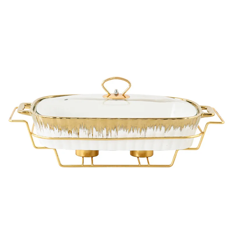 Luxury Gold Ceramic Food Warmer Buffet Serving Dish Soup Pot Candle Chafing Dish Buffet Set
