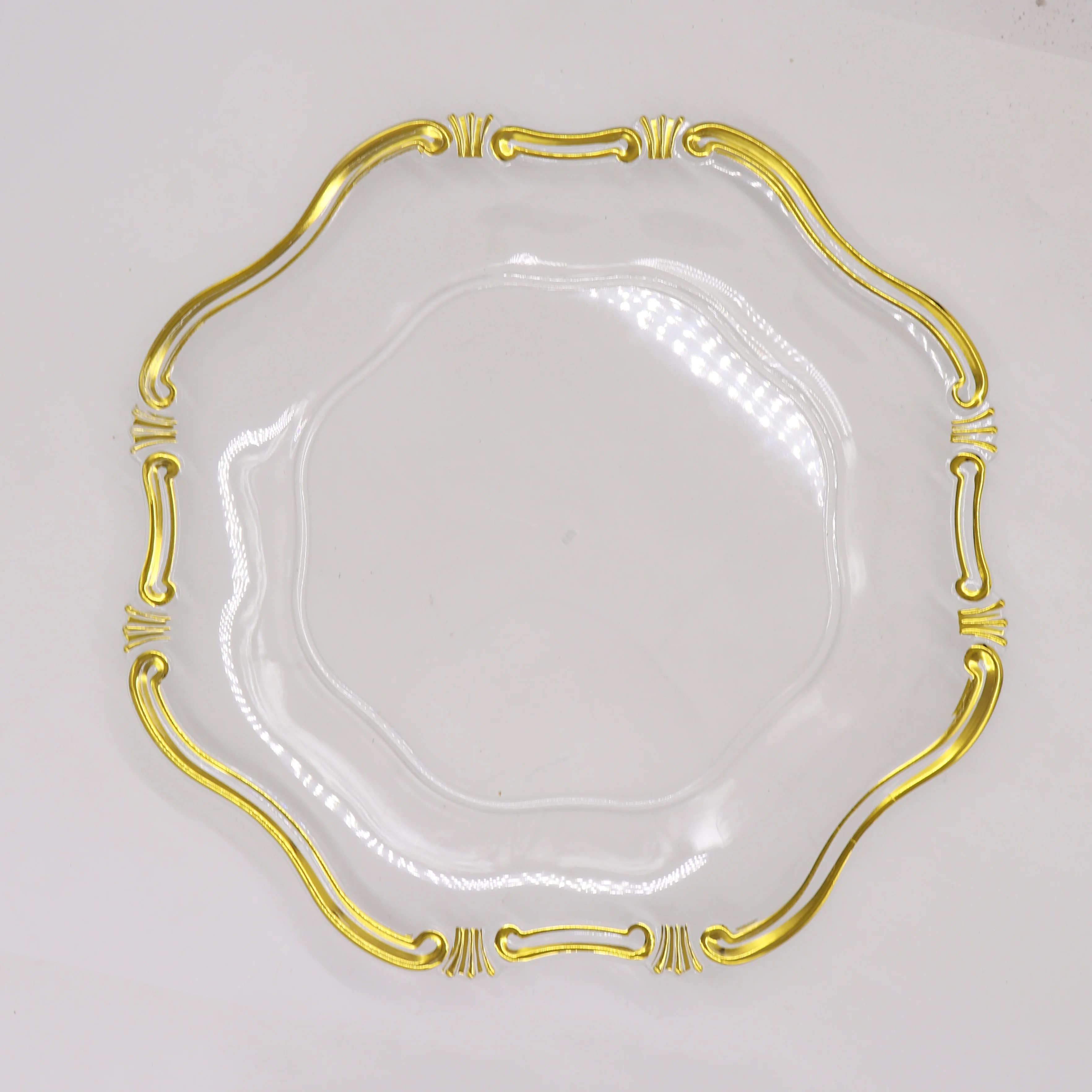 Custom Tabletop Round Clear Plastic Plate Festival Snack Serving with Gold Bead and Gold Line Edge