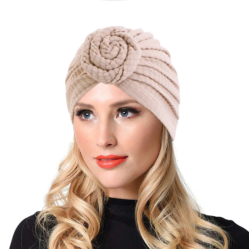 Amazon Hot Autumn Women Muslim Knotted Plain Top Knot Hat Cotton Cap Beanie Twisty Hair Turban