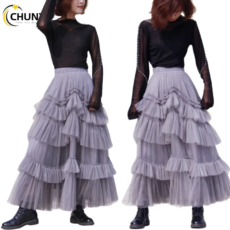 Black Patchwork Mesh Skirt For Women High Waist Casual Ball Gown Skirts Female Fashion New Clothes 2024 Spring
