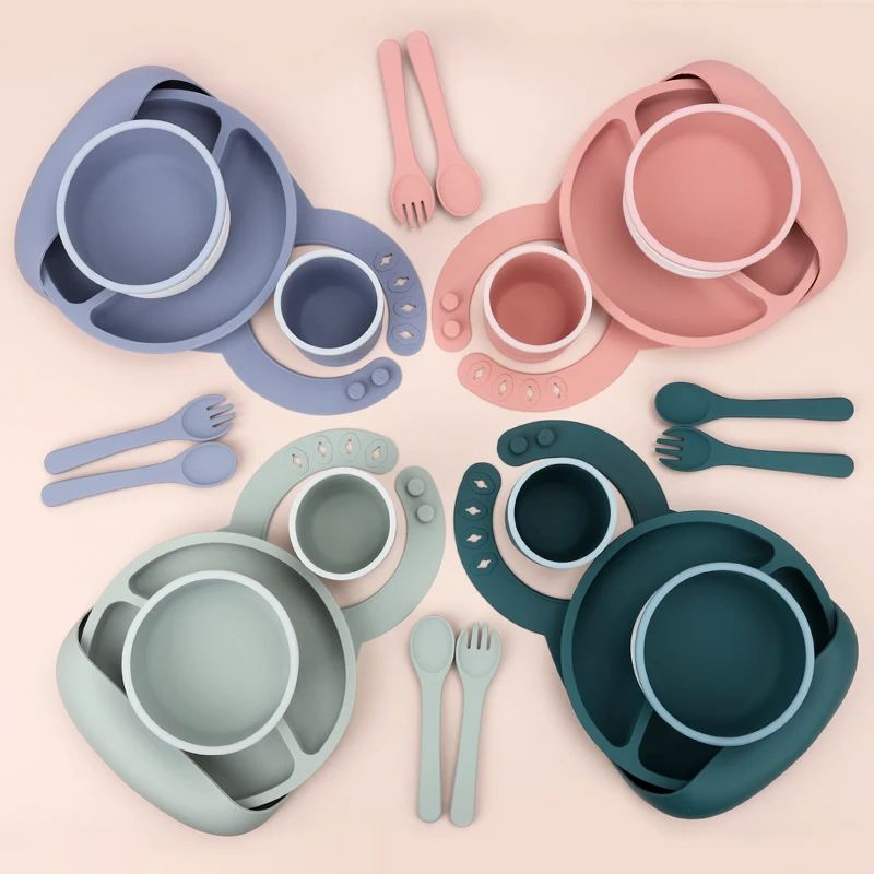 Silicone Baby Feeding Bowls Wholesale Kid Safety Product Bpa Free Divider Kids Feeding Plate Bowl Set With Spoon