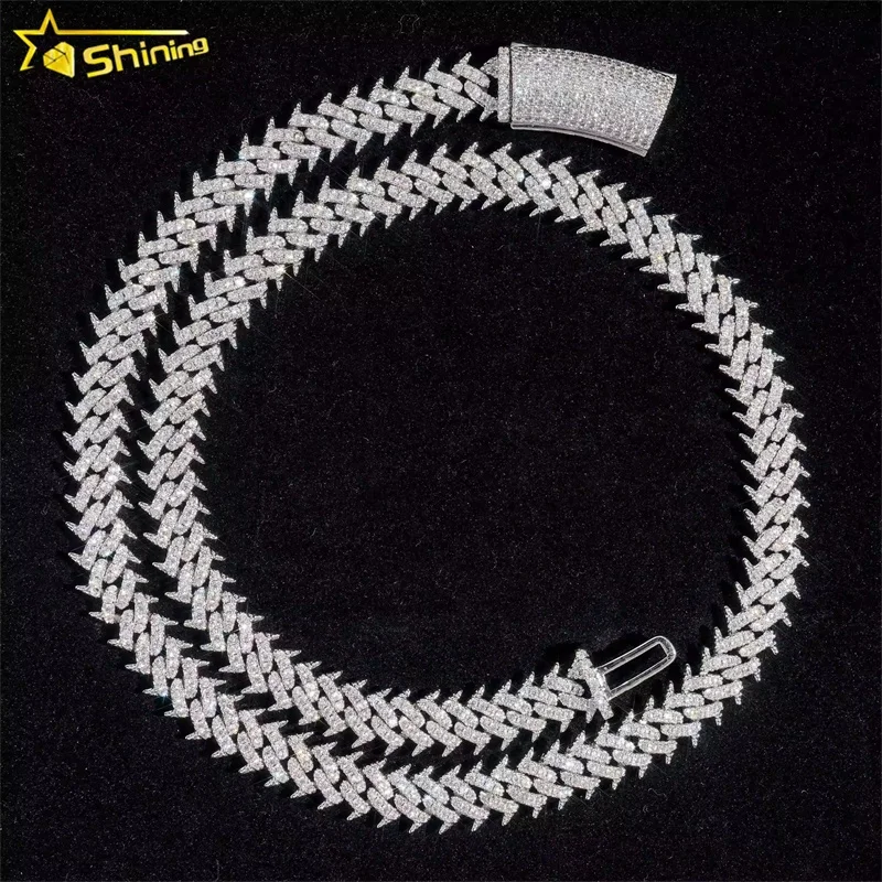 Pass Diamond tester 925 silver Hip Hop Jewelry Iced Out VVS Moissanite Diamond Spike Cuban Chain 10MM