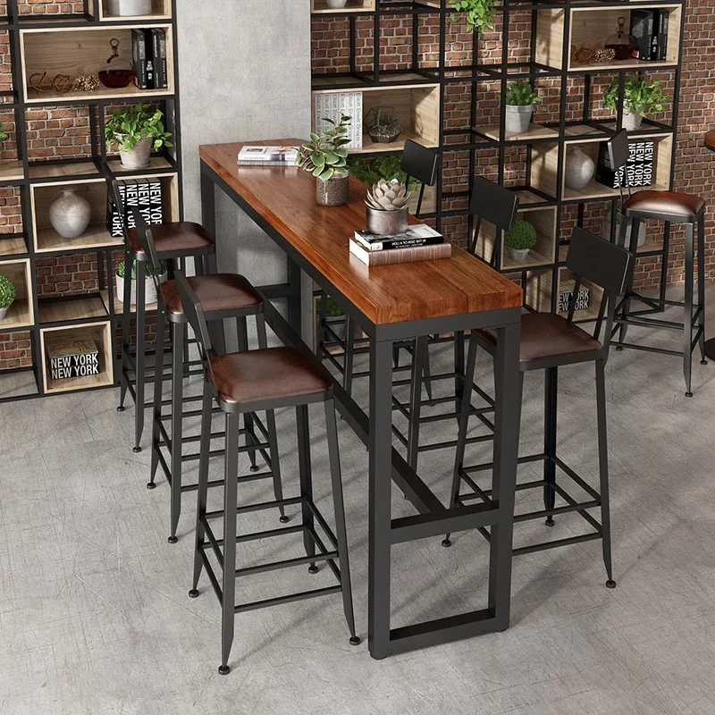 Solid wood iron art high bar table and chair set , cafe table and chairs,wood restaurant table,high bar table and chair set