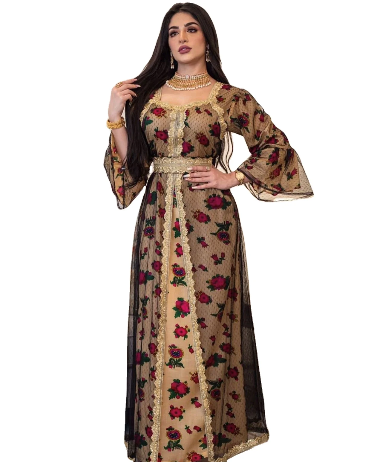 Dubai Dresses Floral Saree Lace Islamic Clothing Embroidered Muslim Women Abaya Muslim Dress African