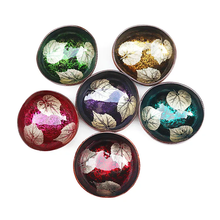 New design handmade painted flowers natural coconut shell wood lacquer bowl vietnamese salad candy bowl