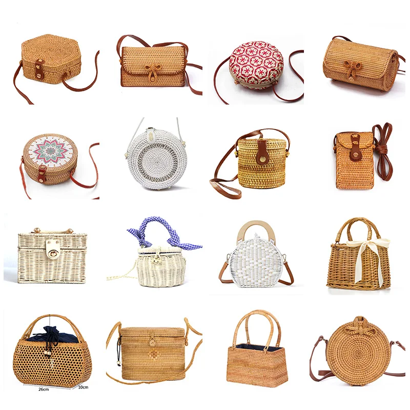 Rattan bag bali rattan bags women handbag vietnam handmade woven round basket indonesia big small shoulder rattan beach bag