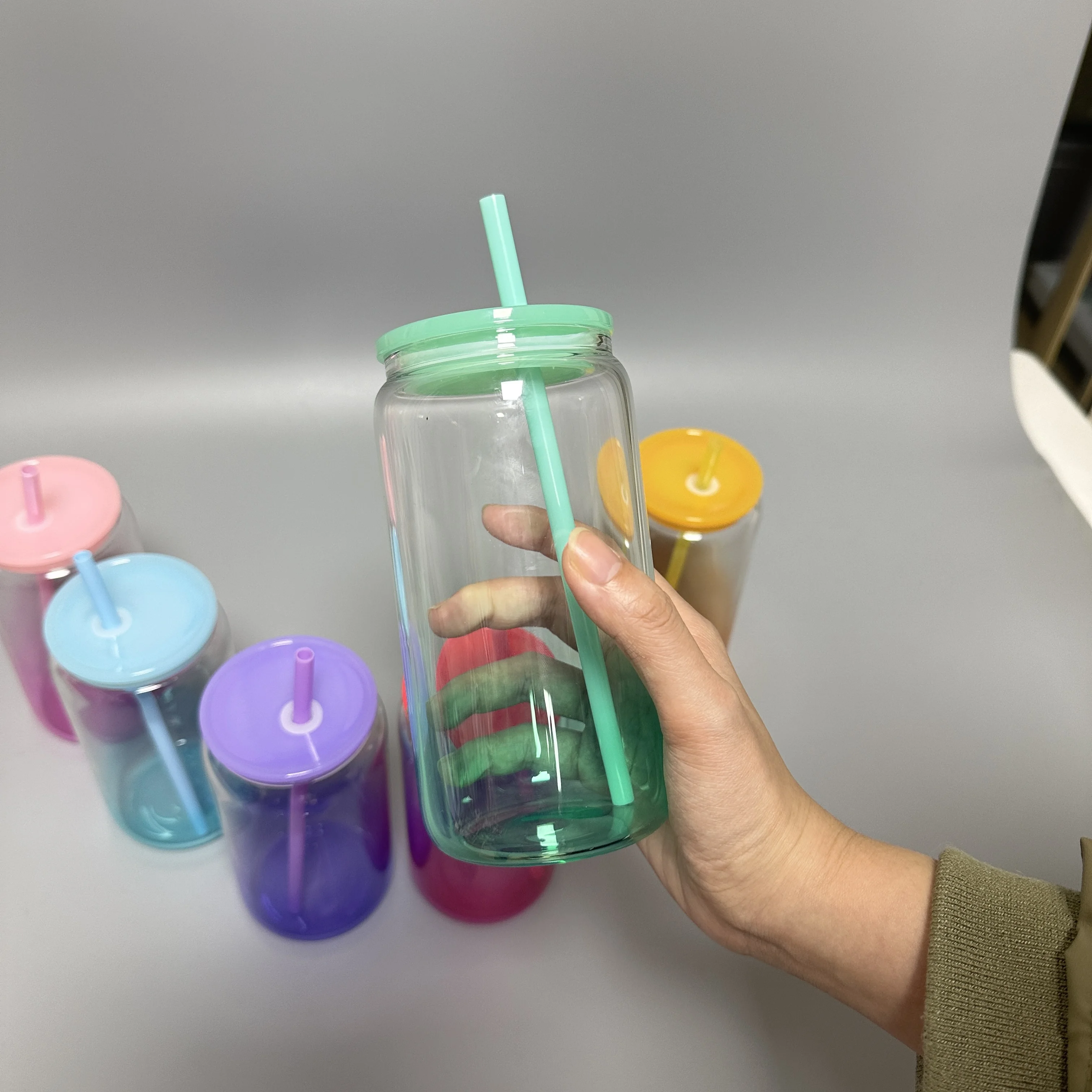 16oz Clear Glass Cans Sublimation Blanks Ombre Jelly Glass Tumblers With Colored Plastic Lids and Colored Straw