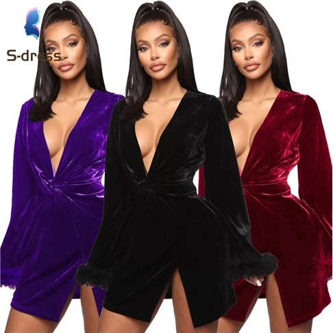 
A92006 women new products 2020 Winter Christmas solid color long sleeve velvet flared sleeve sexy mini dress club dress 