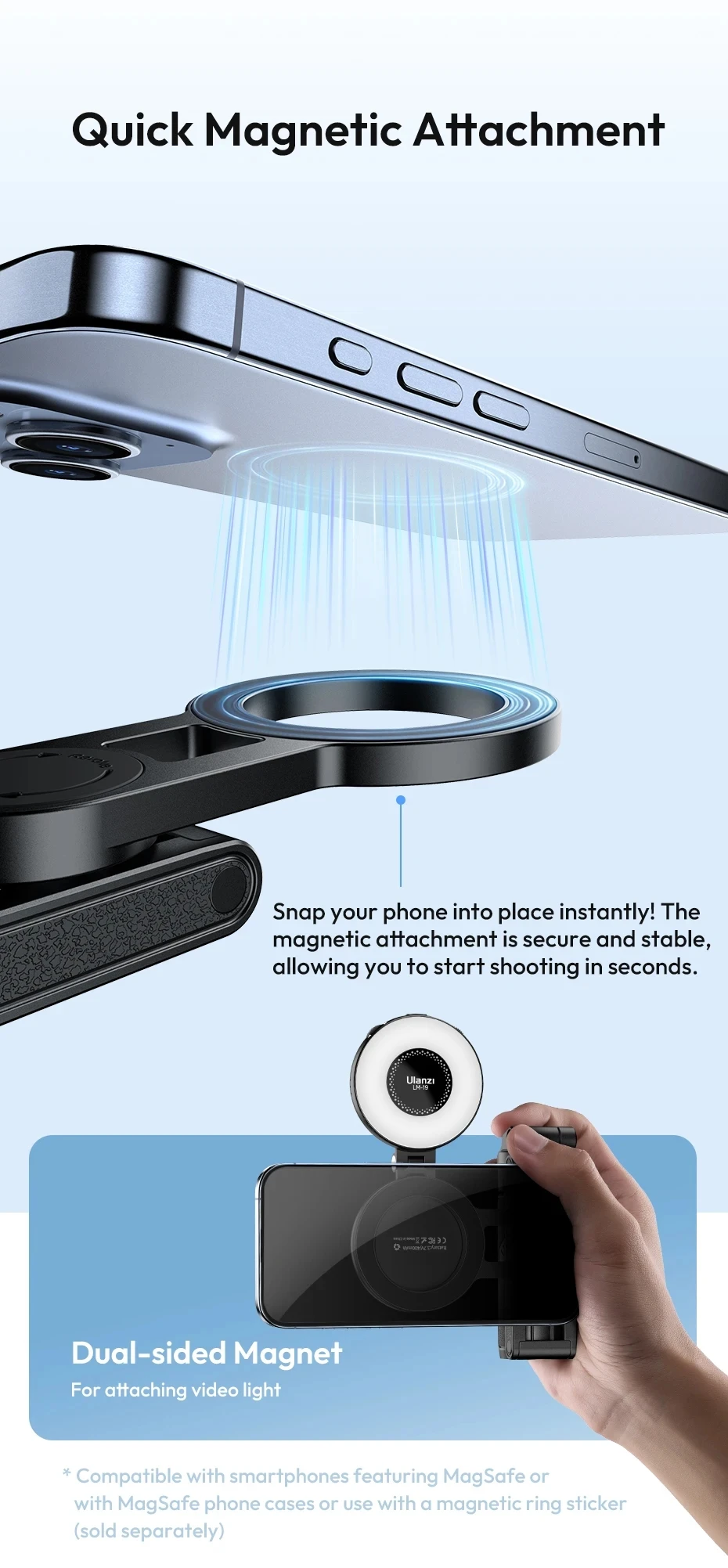 top Ulanzi JJ03 Dual-sided Magnetic Phone Tripod Smartphone Grip Selfie Stick with Remote Vlog Tripod for Photography Video Vlog