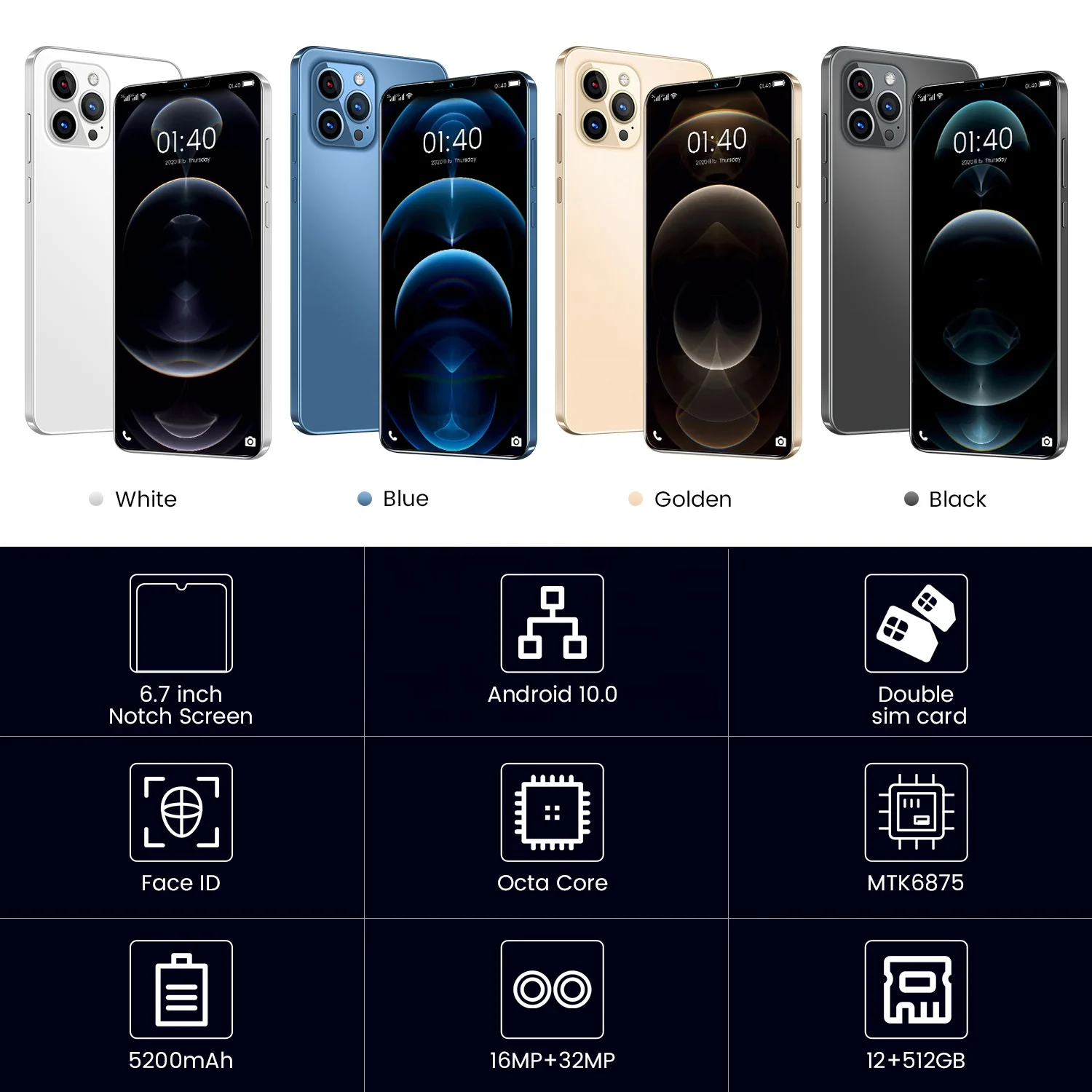 Phone 12 i12 Pro Max Mobile 512GB Face Recognition Fingerprint Unlock Support Dual Card Standby