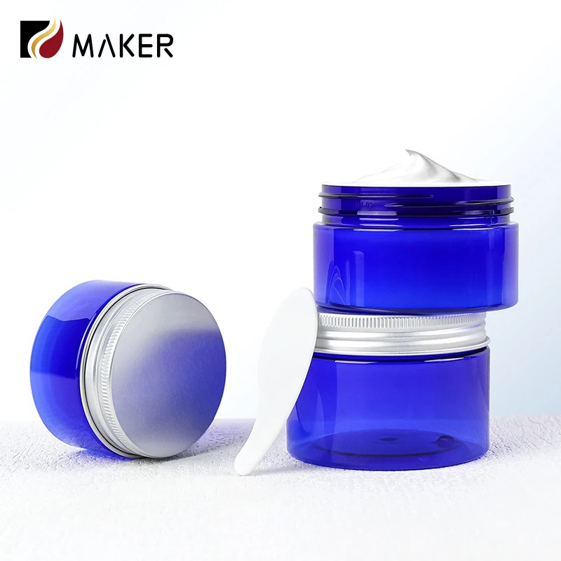 Empty PET 100ml 150ml 200ml 300ml Wide Mouth Blue Round Recycled Plastic Cosmetic Jar Box With Lid For Hair Cream Body Scrub