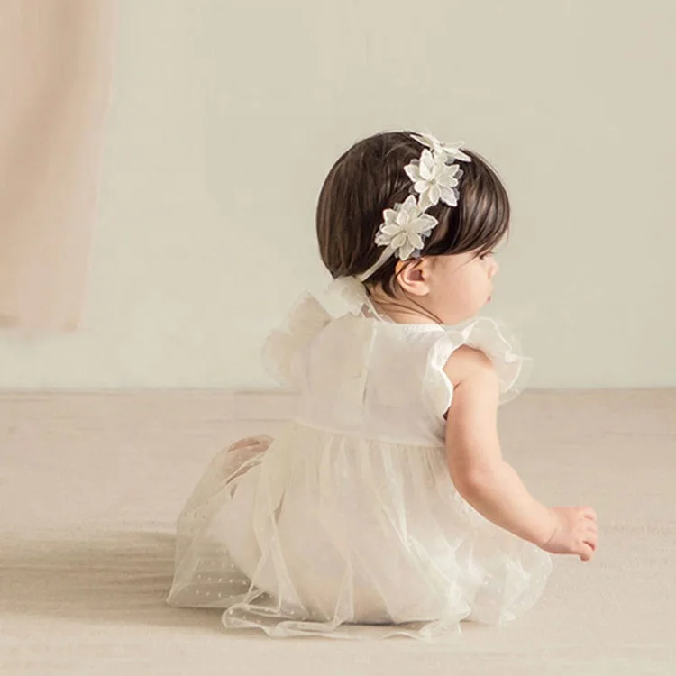 Stock RTS elastic princess white flower lace girls  headband baby hair accessory headband
