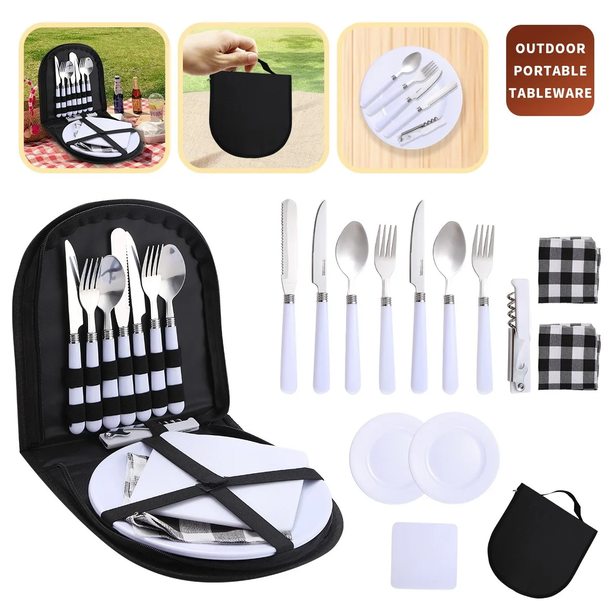 Outdoor Camping Portable Stainless Steel Cutlery Set  Double Travelling Picnic Ceramic Steak Knife Fork Spoon Set