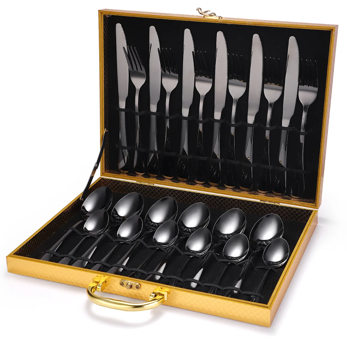 
Amazon hot Set Flatware Silverware Fork Spoon Knife 24 Piece Stainless Steel Black Cutlery 