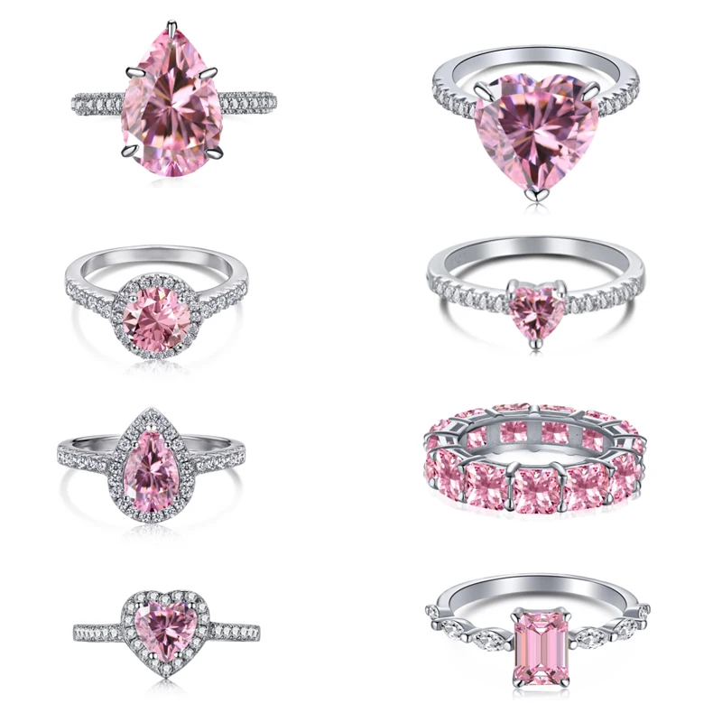 S925 Sterling Silver Ring Female Water Drop Cute Peach Heart Temperament Square Diamond Pink High Carbon Diamond Ring