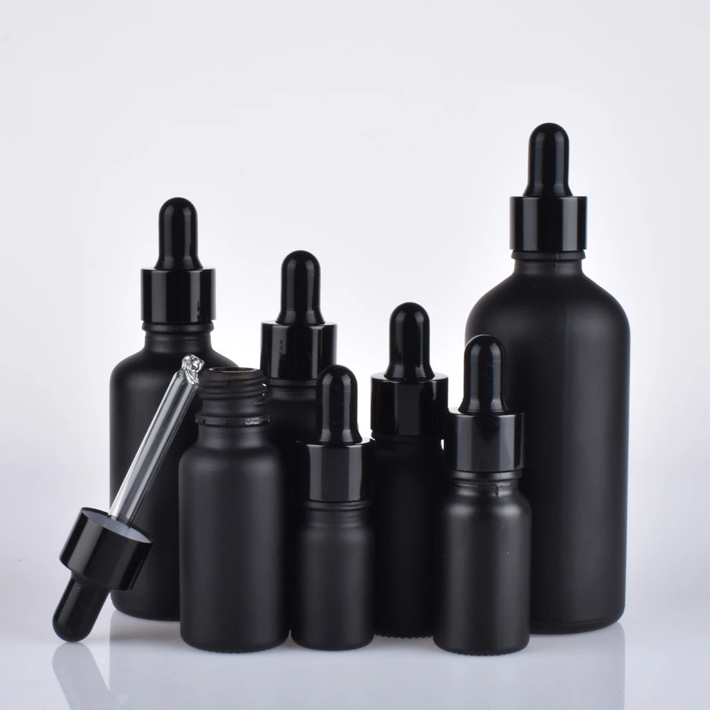 Custom 10ml 30ml 50ml 100ml Matte Black Serum Cosmetic Dropper Essential Oil Glass Bottle with Black Eye Dropper Caps