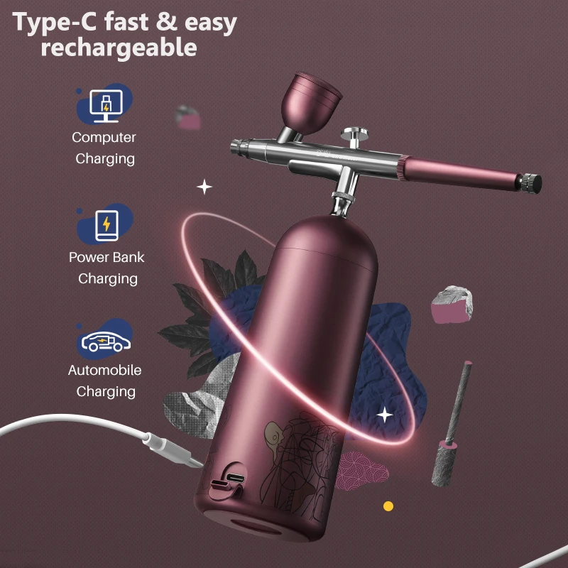 Pink Top 0.3mm Air Compressor Kit Airbrush Paint Airbrush Airbrush for Nail Art Tattoo Craft Cake Nano Mist Sprayer
