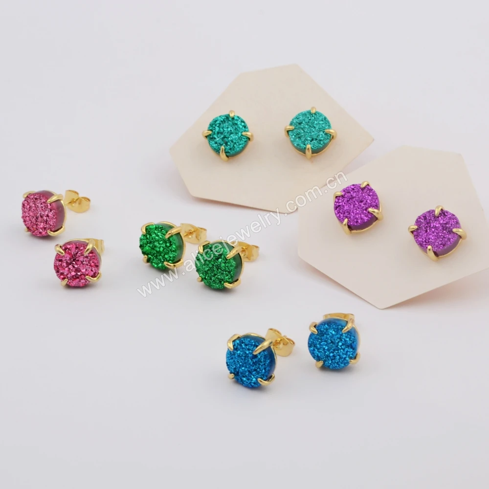 ZG0412 Prong setting 10mm round natural agate druzy stud earrings