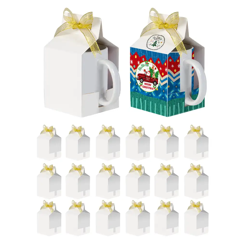 PYD Life Sublimation Boxes Blanks Custom Christmas Paper Packaging Gift Box for 11oz Ceramic Mug with Golden Ribbon