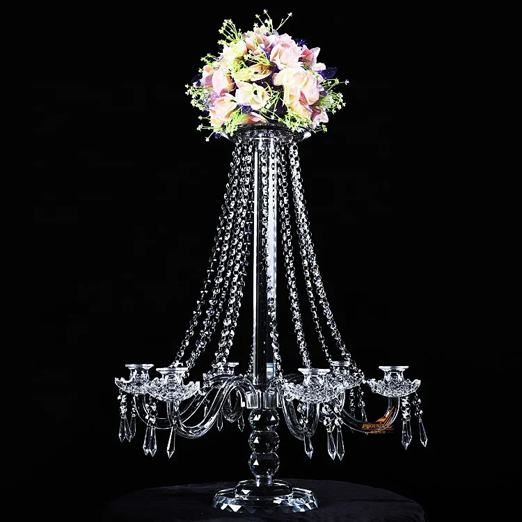 European Tall 6 Arm Crystal Clear Candelabra With Flower Bowl Wholesale for Wedding Table Decoration Centerpieces