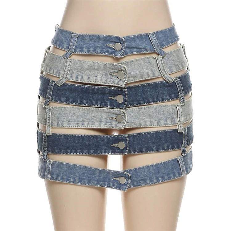 New Arrivals 2021 Clubwear High Waist Sexy Buttons Front Hollow Out Lady Blue Short Denim Jean Skirt Mini Skirts For Women