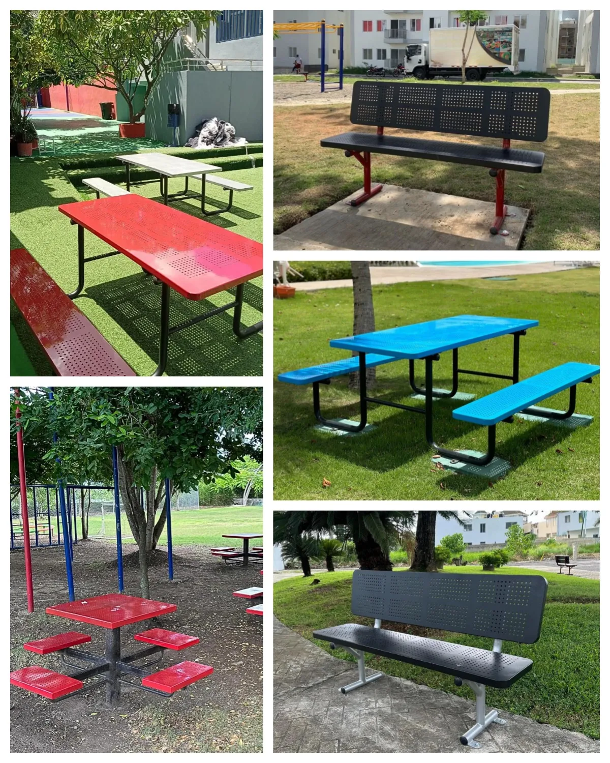 Modern Outdoor commercial metal picnic table bench garden furniture steel dining table outside patio cafe table