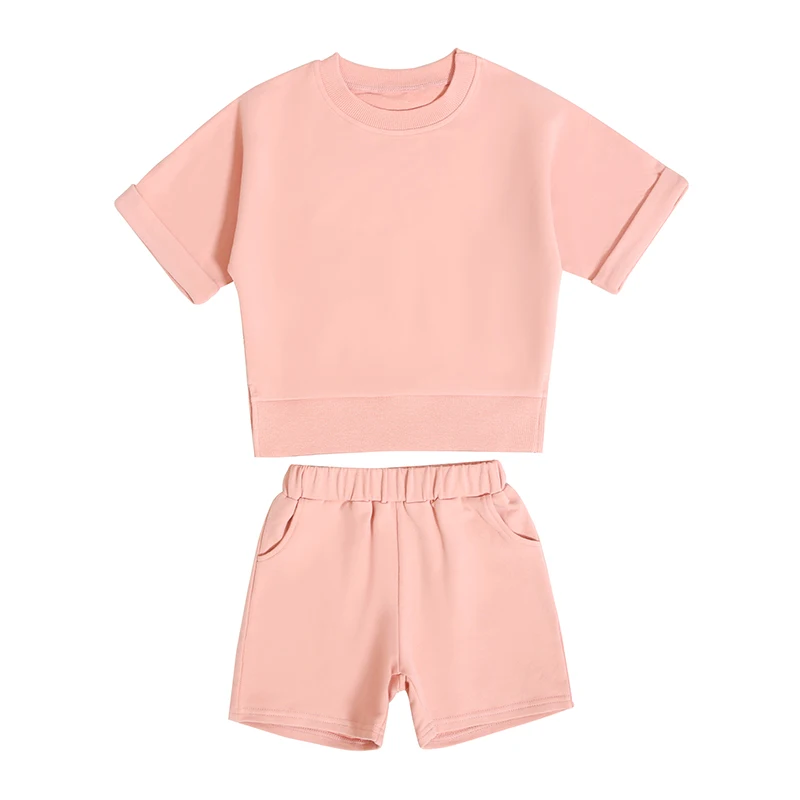 China Online Sale Summer Children Sport Outfits French Terry Kids Sets Cotton Pocket Short Elastic Waistband Pants Suits
