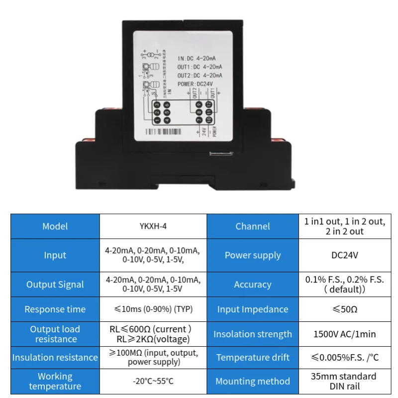 Industrial 4-20mA Signal Isolators Isolated Signal Transmitter 1 in 2 Out 4-20mA Module Analog Output Signal Isolator