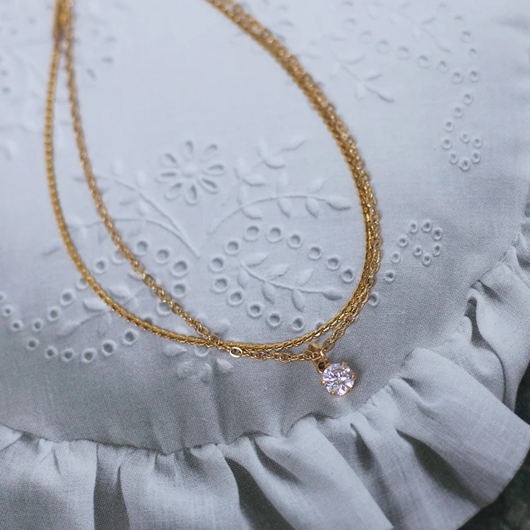 Stylish double 2 layer chain multiple Bracelet stainless steel dainty single zircon diamond pendant 18k gold Bracelet