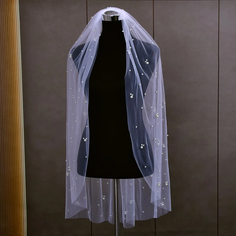 European Vintage Bridal Veils Handmade Beaded Wedding Veil French Light Luxury Pearl Veil