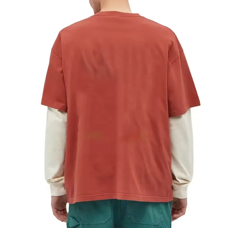 Hot Selling 260 Gsm Cotton Round neck T Shirts Long Sleeve Orange T Shirt For Men Custom Embroidery Double Layered T-Shirt