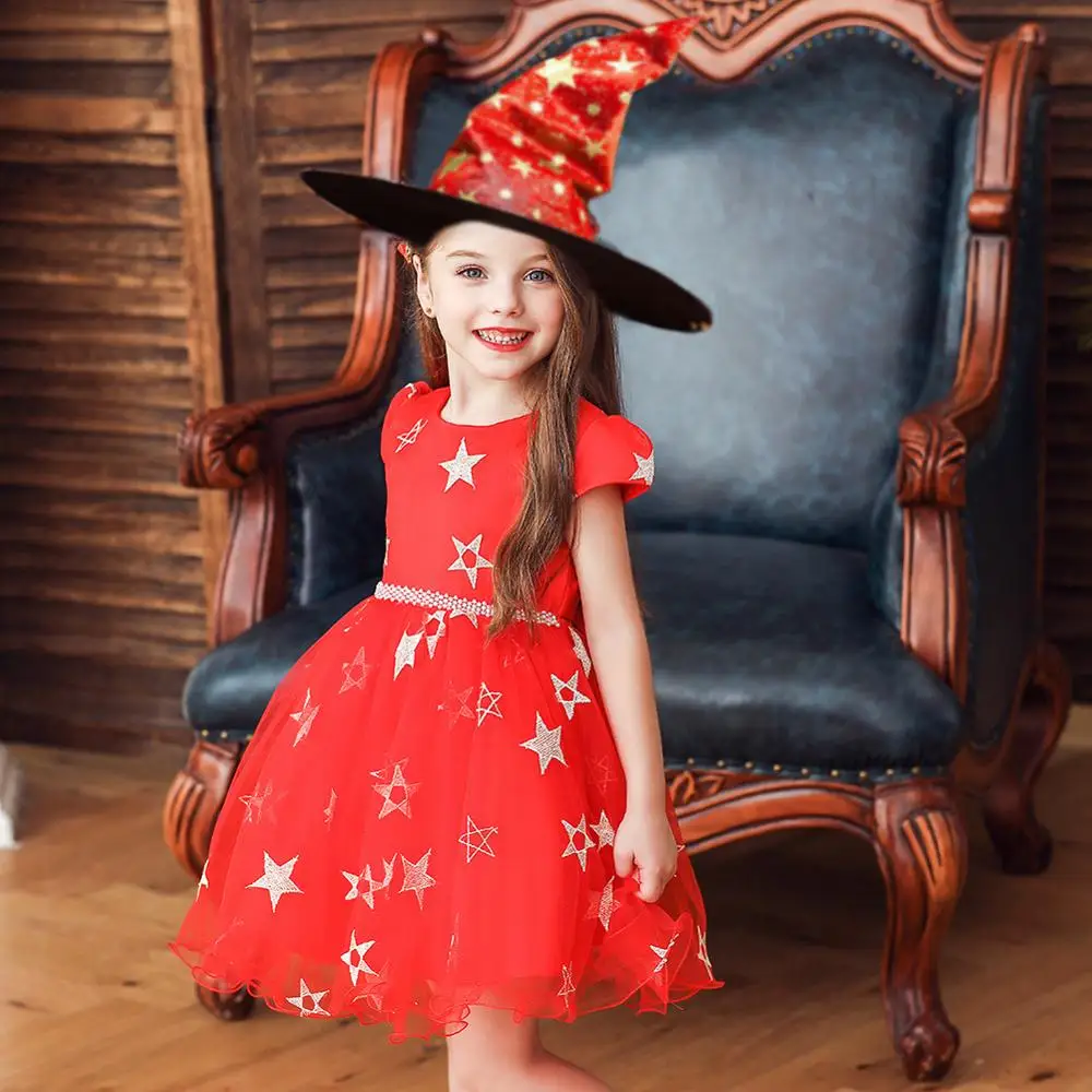 
2019 New Autumn Kids Girls Halloween Cosplay Dresses With Witch Hat Baby Girl Star Party Dress Pearl Beading Lace Ball Gown 