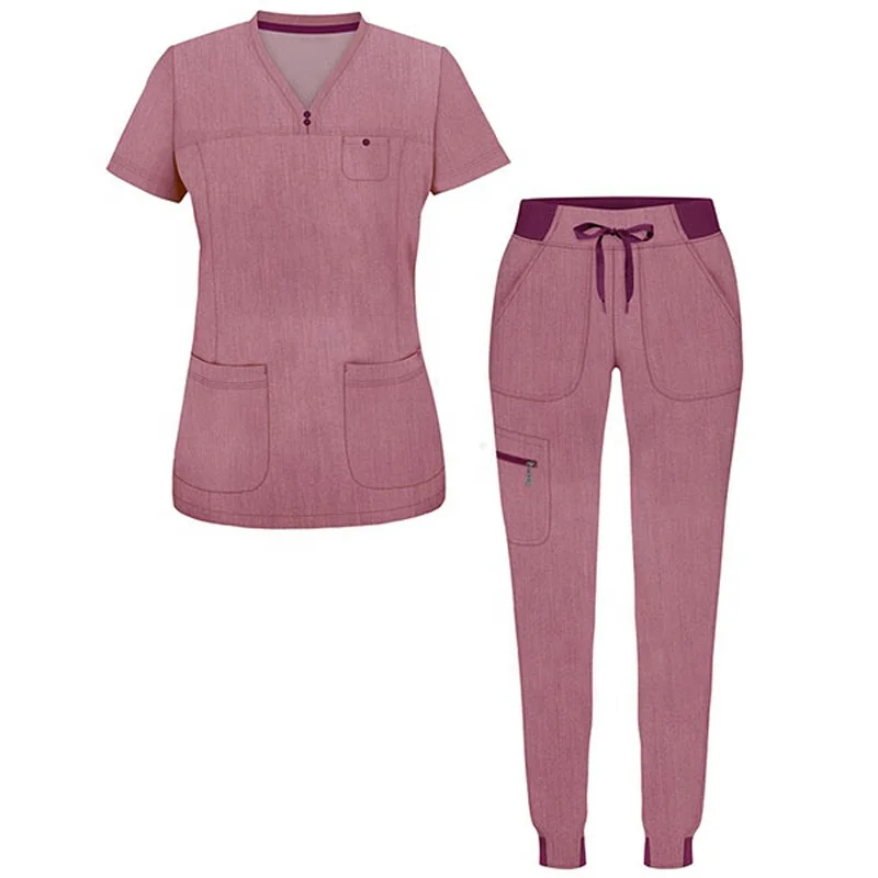 Wholesale Solid Tailored Fit V-Neck Top and Yoga Jogger Pants Hospital Uniform Medical Dental Nurse Scrub Set