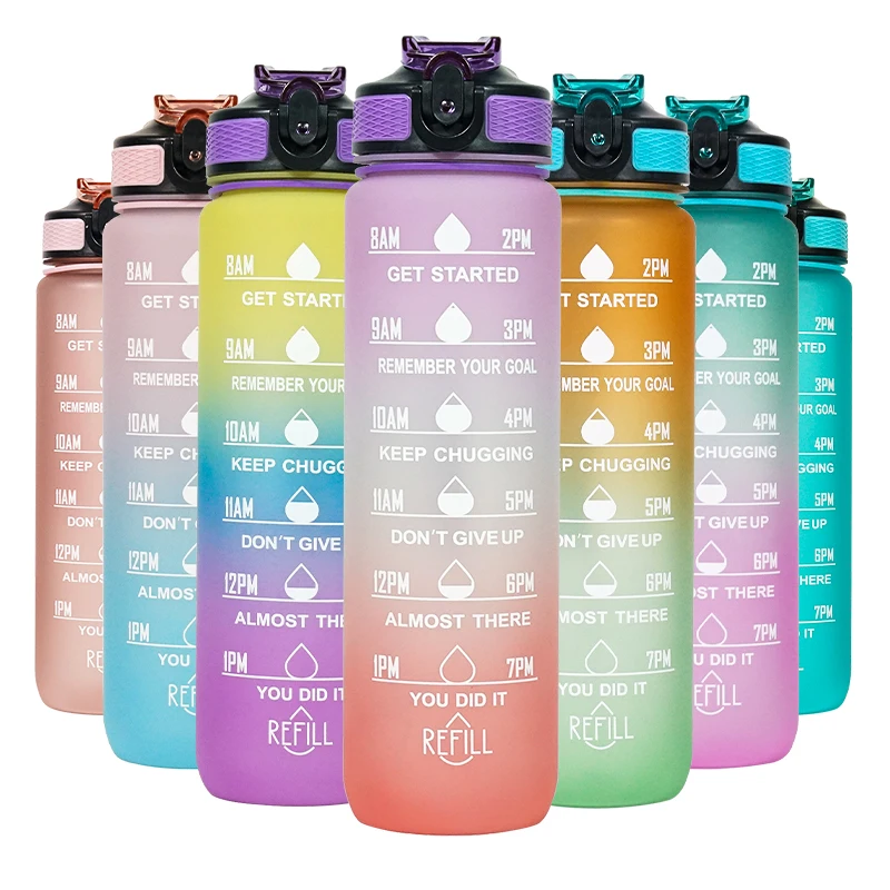 BPA Free 32 Oz 1000ml Plastic Sports Bottle Leak Proof 1 Liter Motivational Water Bottle with Time Marker