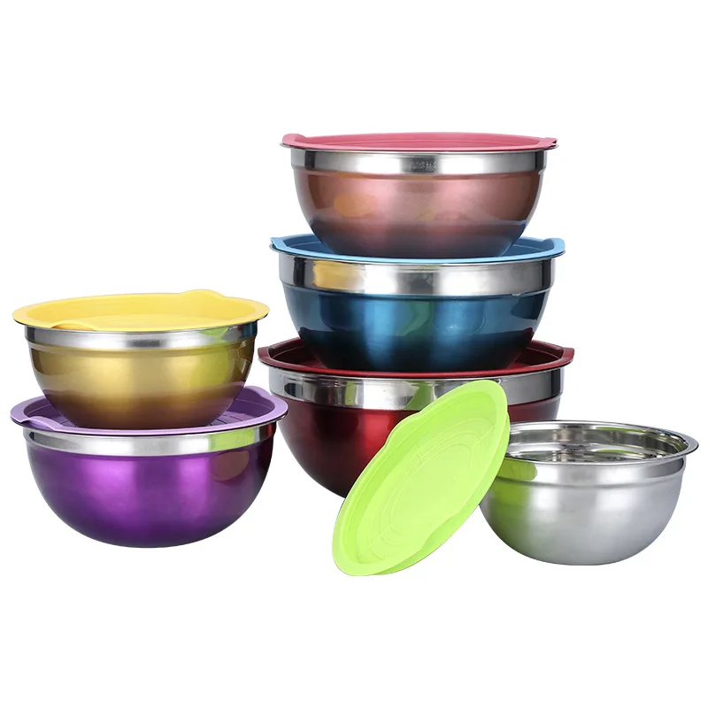 Customized Vegetable Food Bowl Salad and Fruit Deep Stainless Steel Mixing Bowl  with silicone bottom salad maker