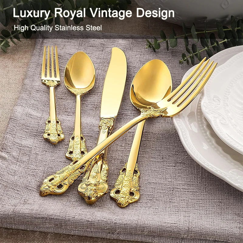 18/10 Gold cutlery stainless steel luxury tableware wholesale Palace knife fork spoon Sweet Fork Sweet Spoon