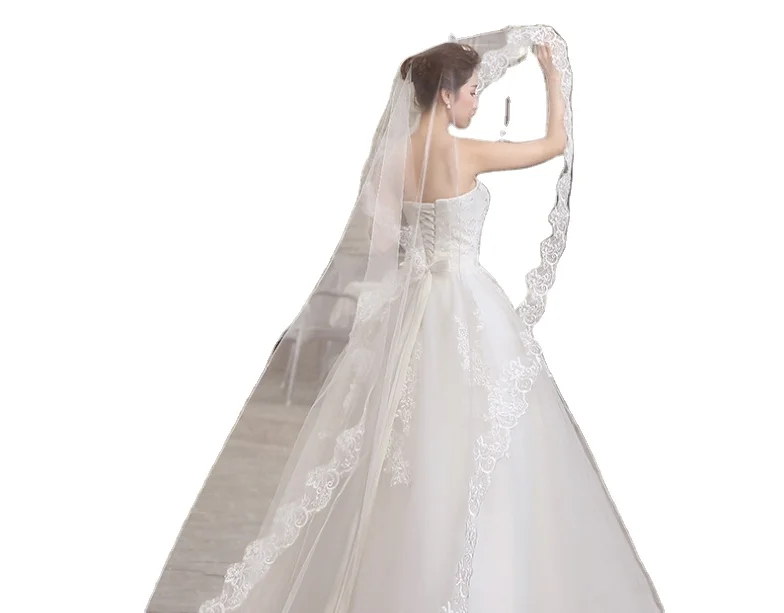 Новинка 2021, длинная фатиновая свадебная фата для невесты с кружевной окантовкой, хлопковая технология OEM, многослойный стиль, свинцовый материал, оригинальное качество