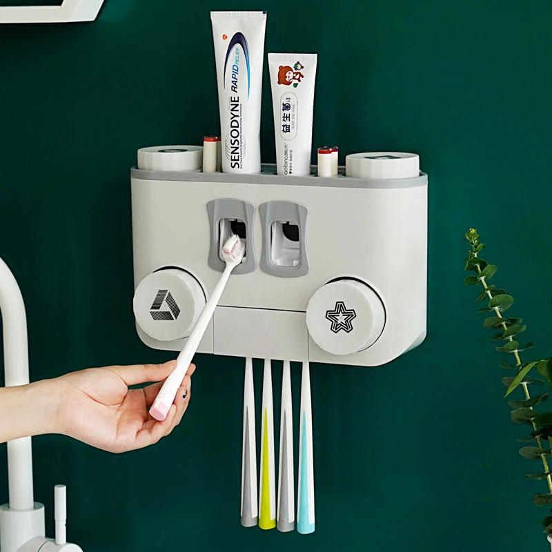 Toothbrush Rack Free Punching Bathroom Mouthwash Dental Cup Set Suction Wall-mounted Toothpaste Squeezing Device Dental Rack