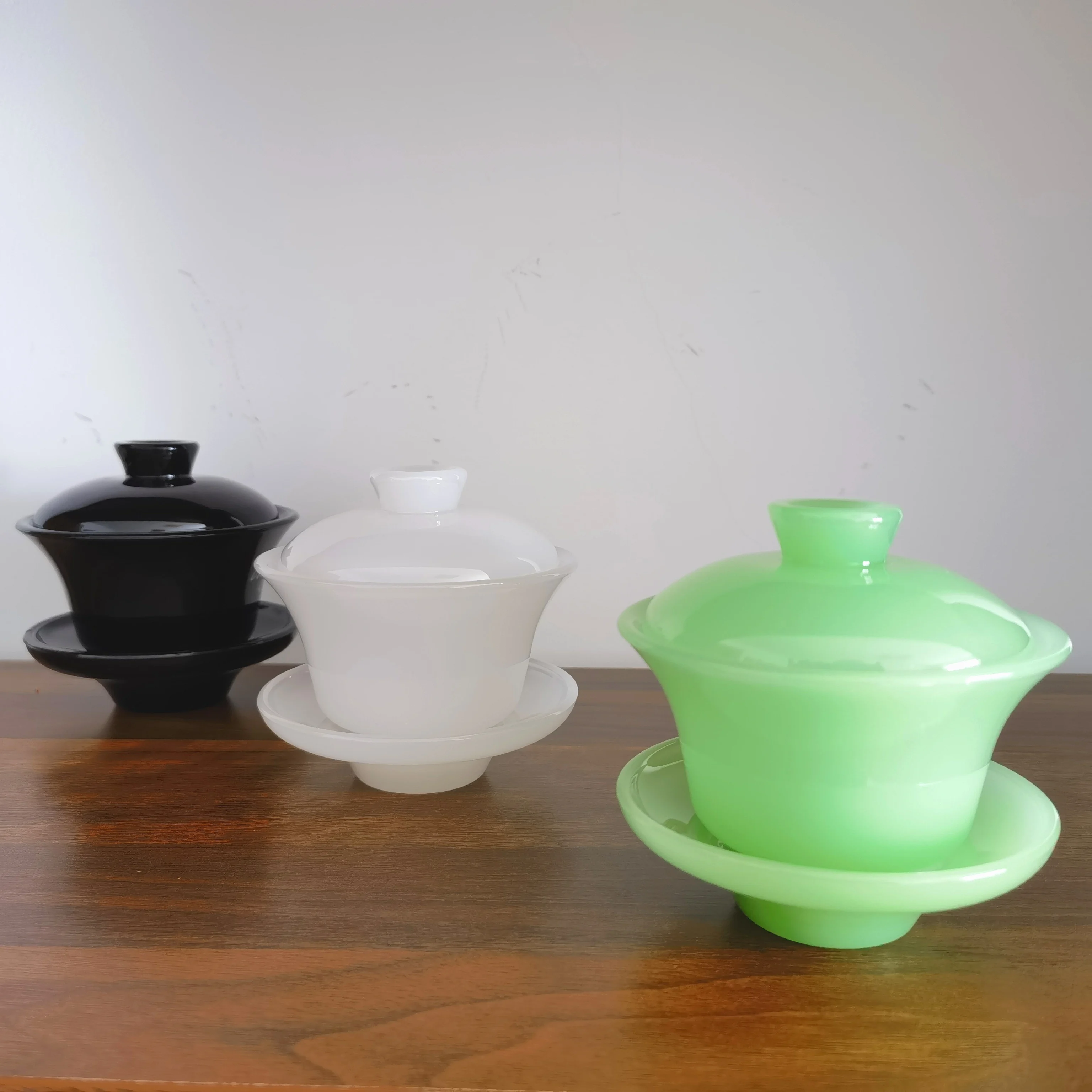 custom logo dishwasher safe green white jade opal tea glass cup with saucer set glass coffee cup