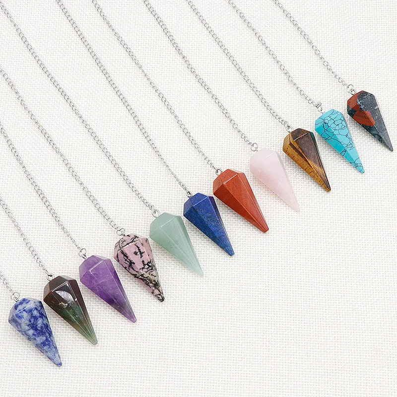 Natural crystal agate hexagonal pendulum stone with amethyst rose quartz multi-colored pendant necklace