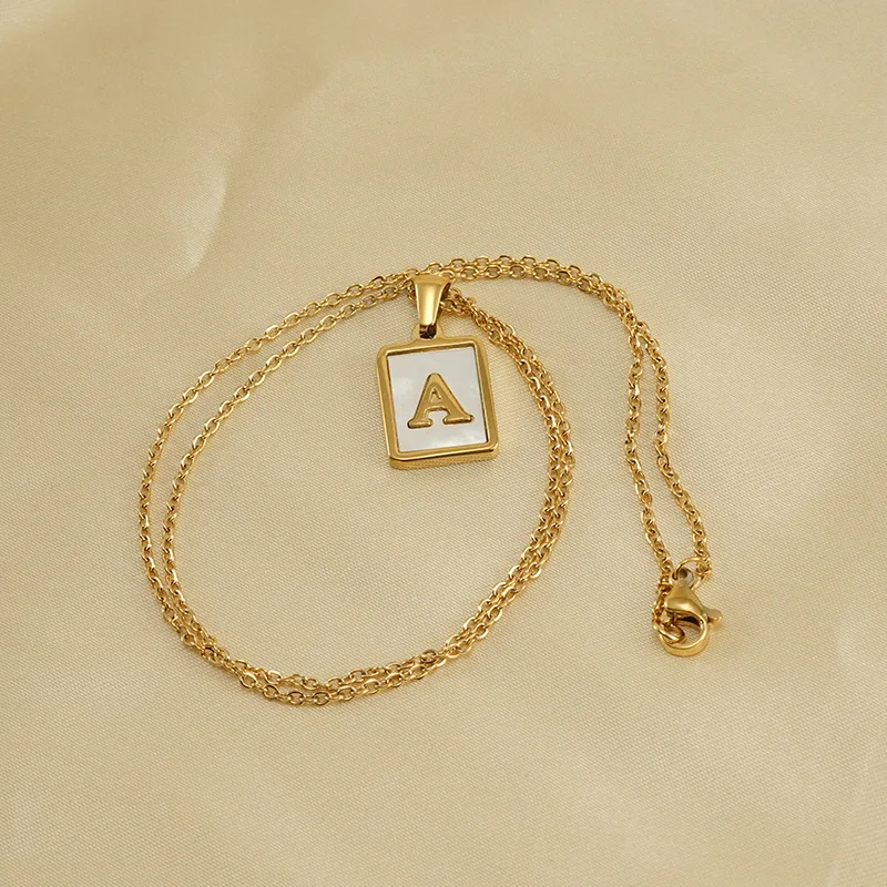 Vintage 18K Gold Stainless Steel A-Z Initial Letter Necklace Alphabet Rectangle Natural Shell Initial Pendant Necklace For Women