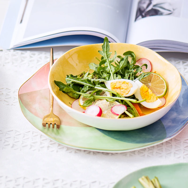 Modern fashion design porcelain serving dish color glazed hand painted ceramic deep plates soup plate for salard