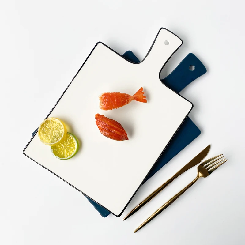 Factory supplier porcelain barbecue plates dinnerware white and blue plates pizza BBQ tableware