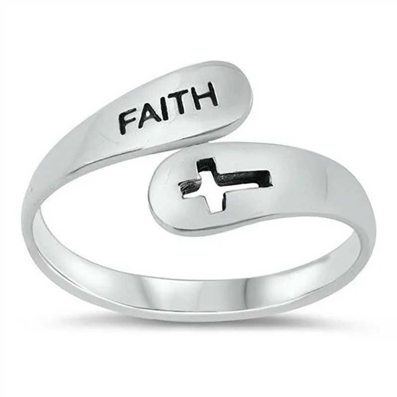 Vintage Hollowed out cross FAITH lettering double layer fashion personality ins tide cold wind open ring