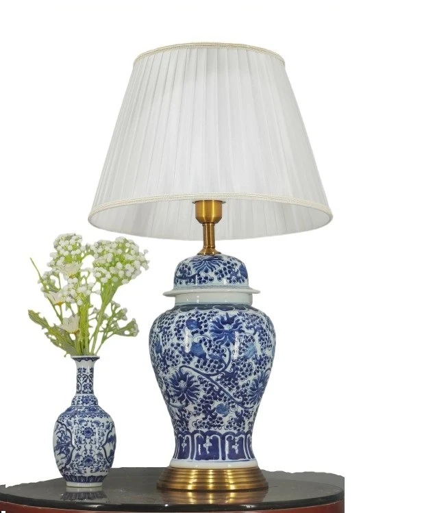 Luxury Blue and Gold Miniature Home Decor Ginger Jar Body Table Lamp Antique White Porcelain Lamps