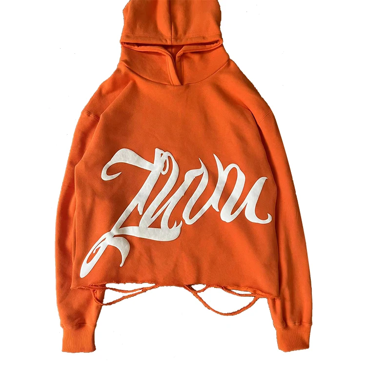 Wholesale Streetwear Puff Printing No String Cut Edge Hoodies Custom Logo 100% Cotton Raw Hem Hoodie For Men