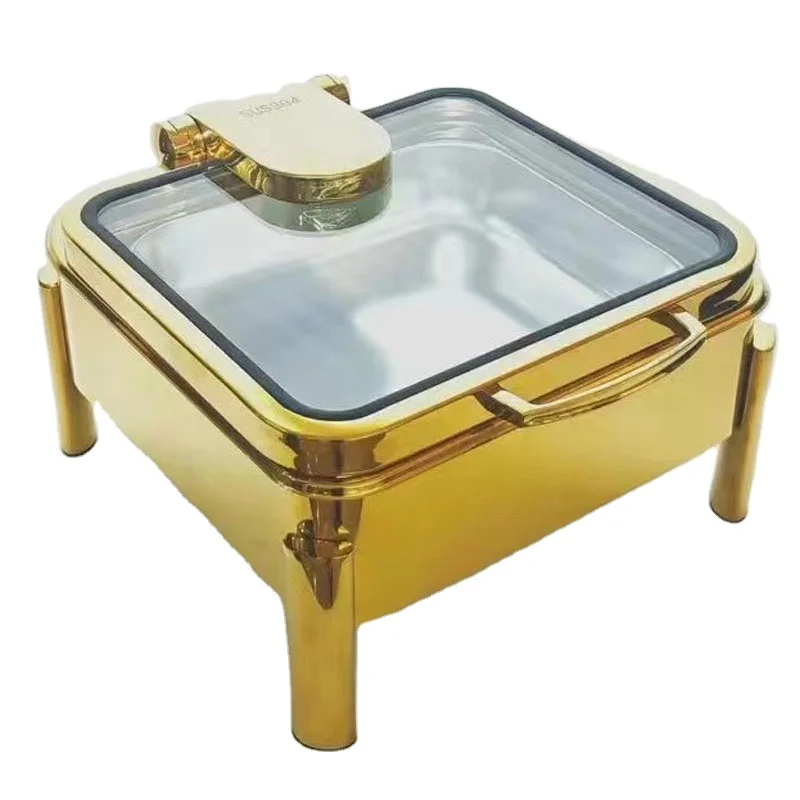 Heavy duty chafing dishes buffet food warmer square xingpai hydraulic golden stainless steel delux glass lid chafing dish