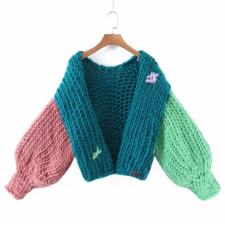 Loose Lazy Style Handmade Cardigan Women Sweater Lantern Sleeve Short Top Knit Lady Crochet Clothing