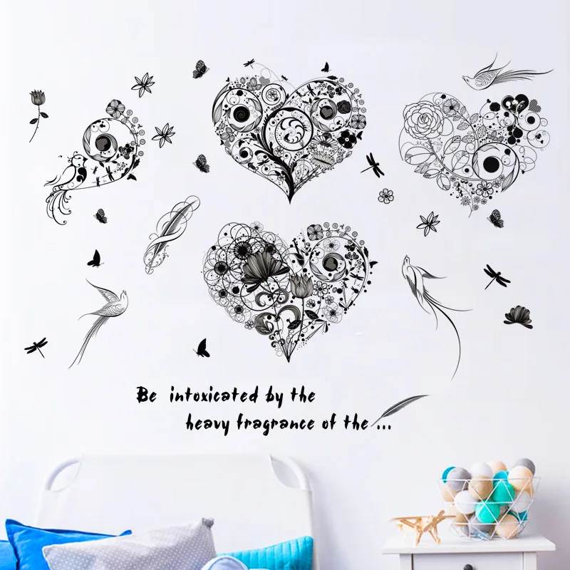 Flower bird butterfly heart-shaped removable pvc waterproof cartoon wall decal for living room bedroom home decor wall stickers