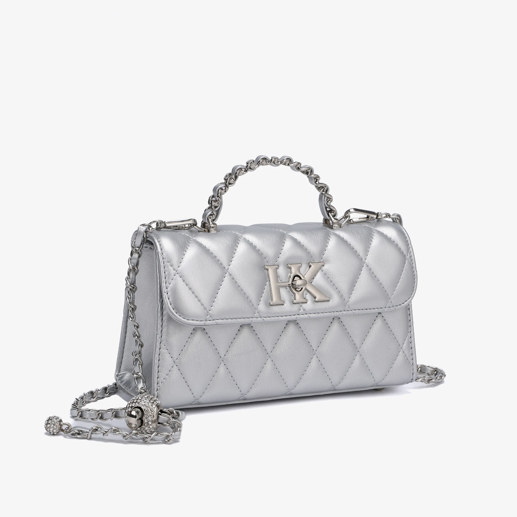 Silver Diamond Lattice Cross Body PU Leather Handbag Custom Logo Luxury Design  Metal Handle Messenger Bag Ladies Hand Bags